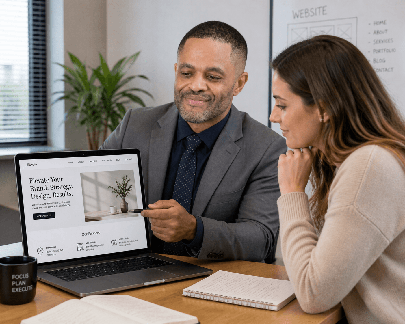 Illustrative consulting collaboration: two people reviewing website plans together at a laptop