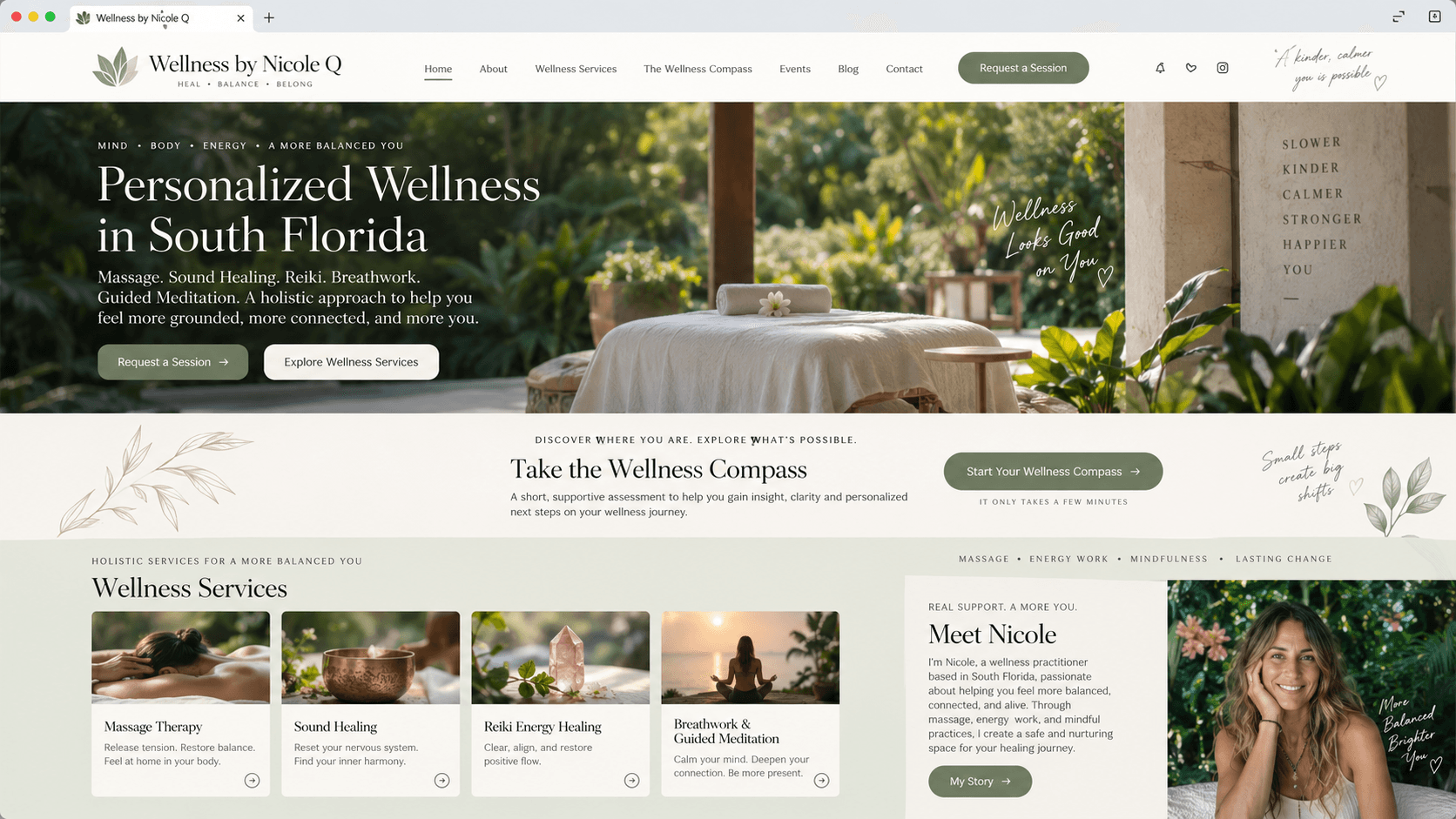 Case study visual system showing Wellness by Nicole website direction, intake planning, campaign pages, and reusable content assets.